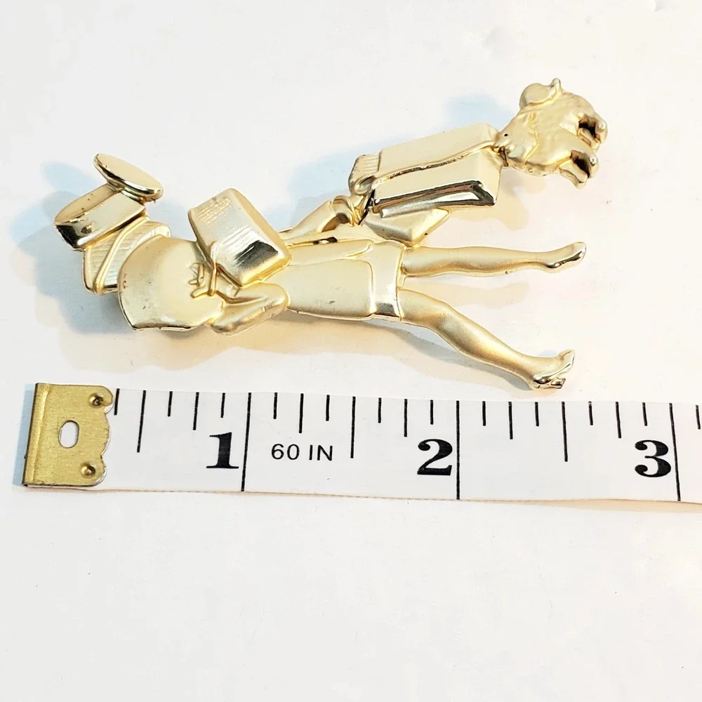 Vintage AJC Gold Tone Woman Lady w/ Packages Dog Shopping Brooch Pin 2.5 inch